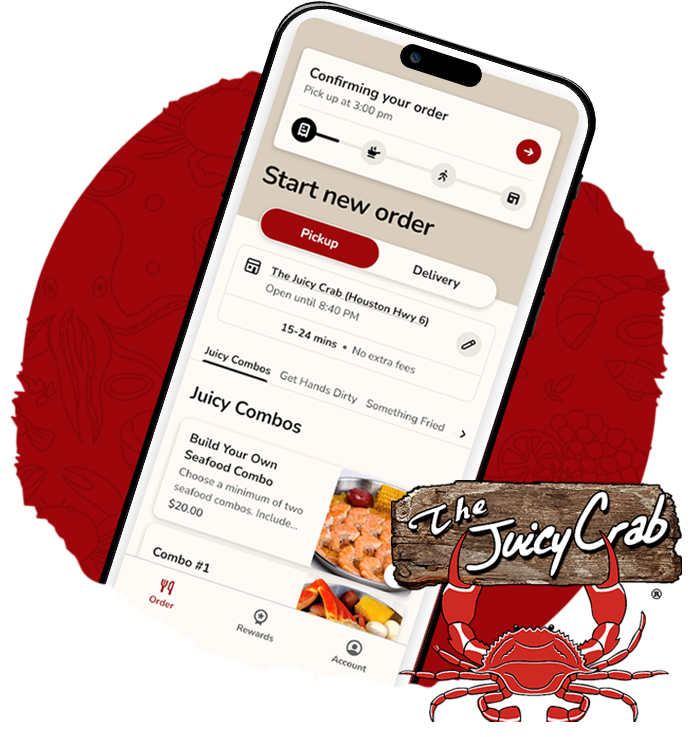 The Juicy Crab mobile app shown on a phone