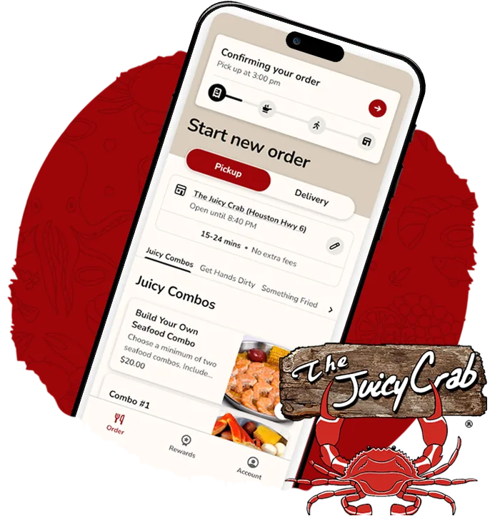 The Juicy Crab mobile app shown on a phone